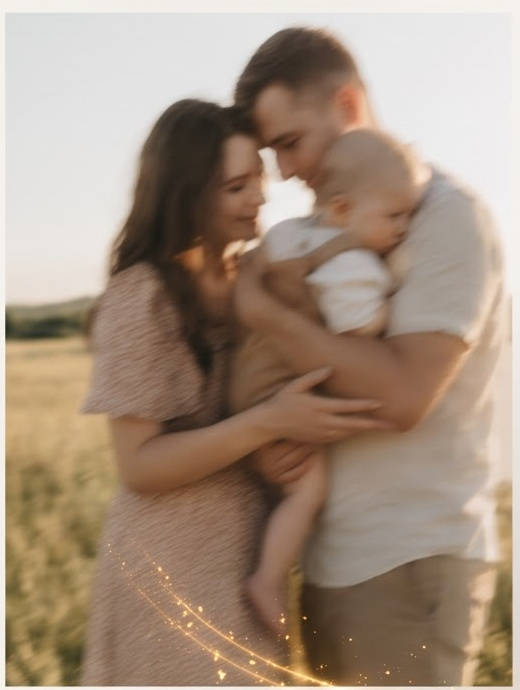 Warm golden hour family photo with parents embracing toddler