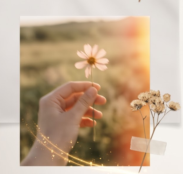 Hand holding a wildflower against sunlit meadow backdrop