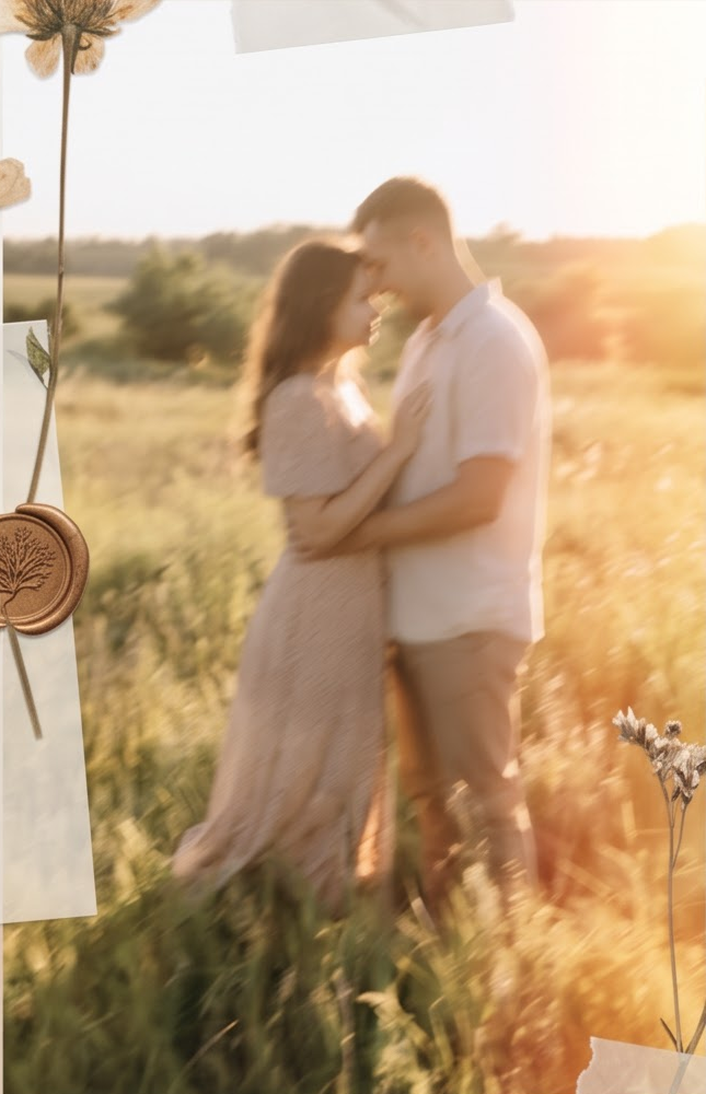 Couple embracing in golden sunset field