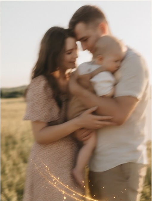 Mother and father embracing toddler in meadow